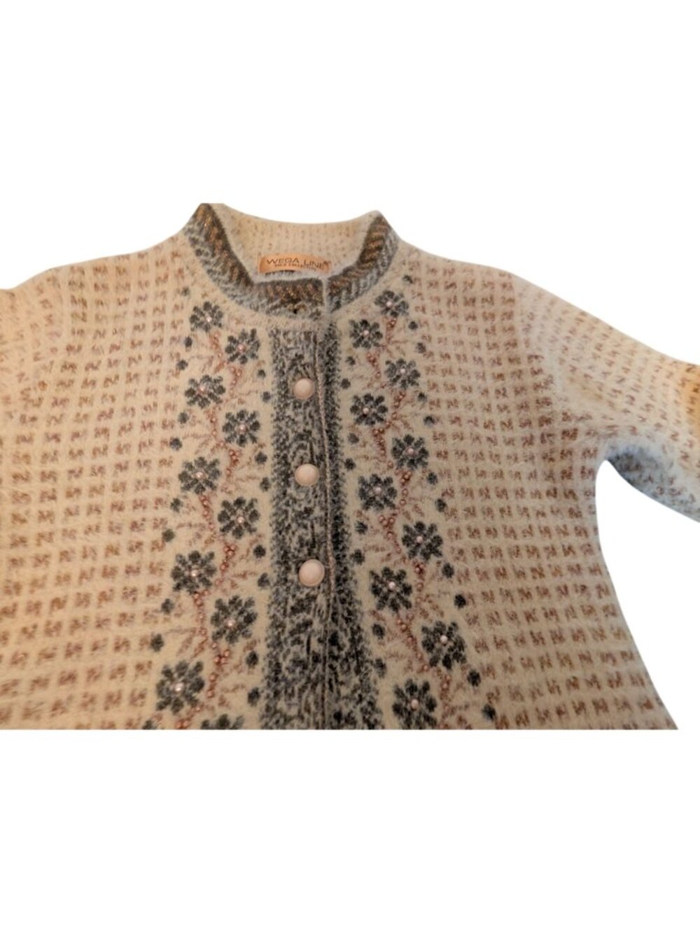 Wega Line Womens Wool Blend Nordic Style Cardigan Button Closure Bead Embellishm - Picture 2 of 14